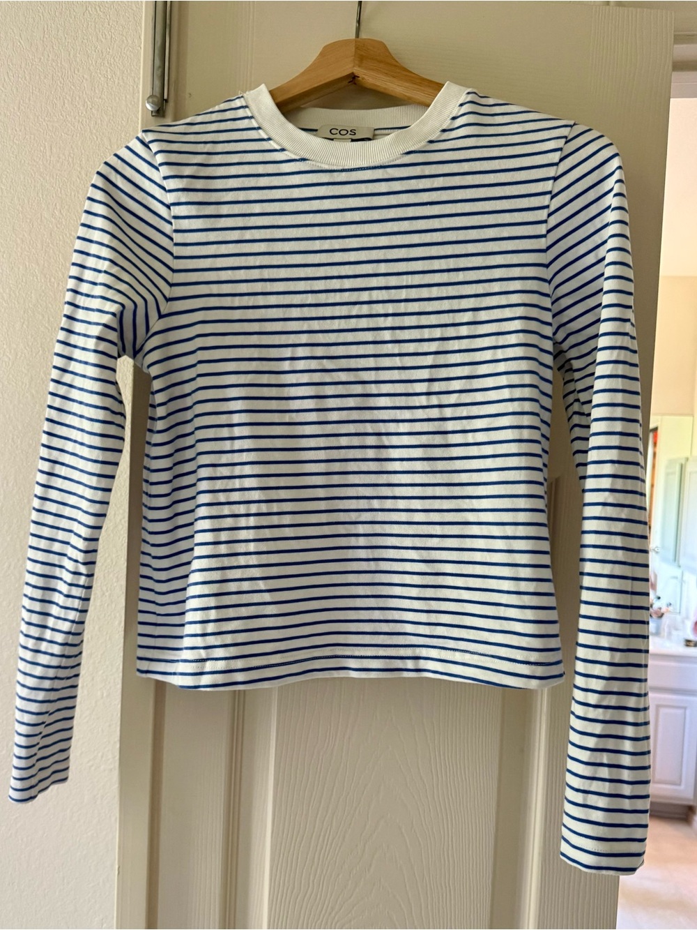 COS White Long Sleeve Tee with Blue Stripes